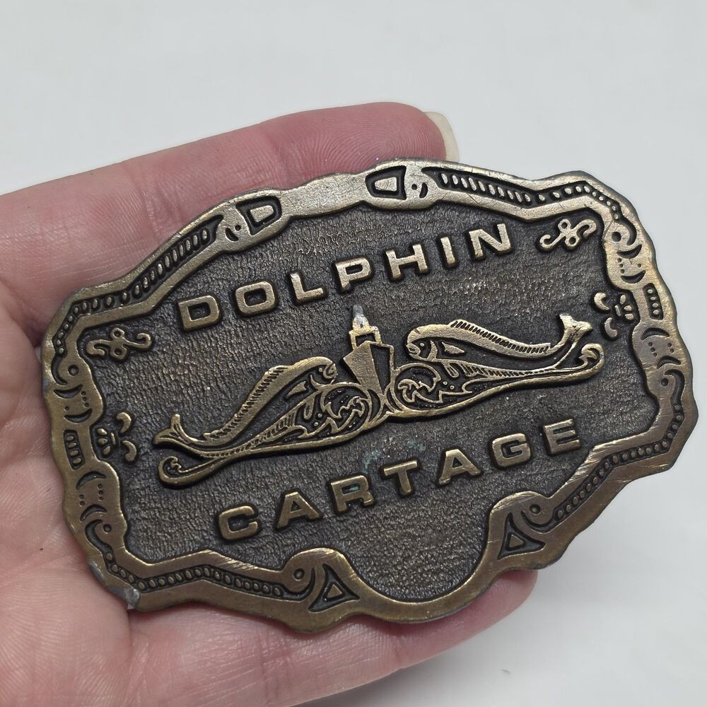 Vintage Dolphin Cartage Navy Submarine? Ship & Fish Brass Belt Buckle CD Hit